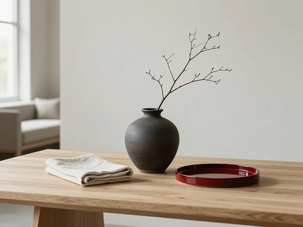 Bodegón de objetos decorativos sobre mesa de roble para un ambiente de hogar sofisticado.