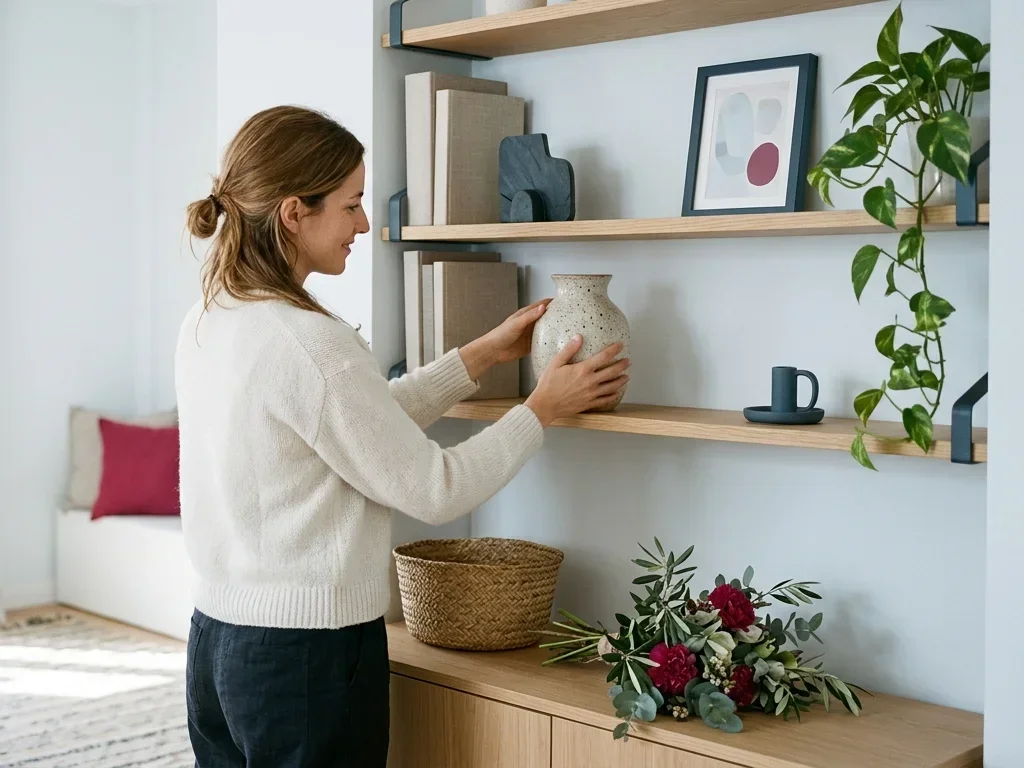 Mujer colocando un jarrón de cerámica en una estantería de roble decorada con libros, plantas y pequeños objetos, en un salón luminoso.