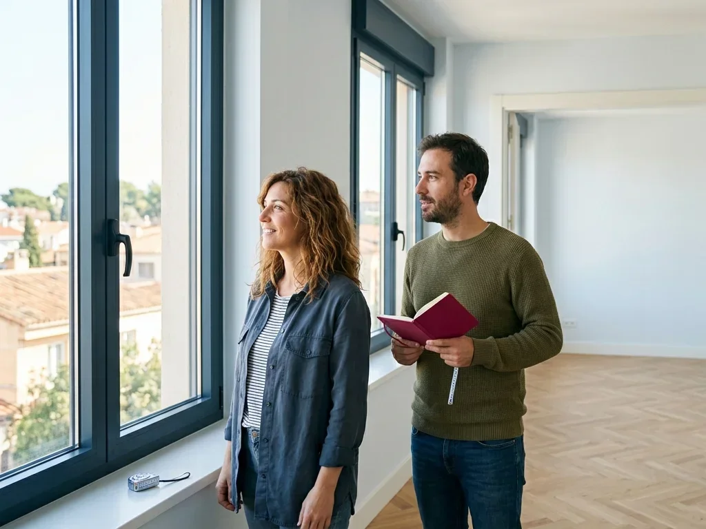 Pareja visitando un piso vacío y luminoso, uno mirando por la ventana y otro tomando notas con una cinta métrica en la mano.