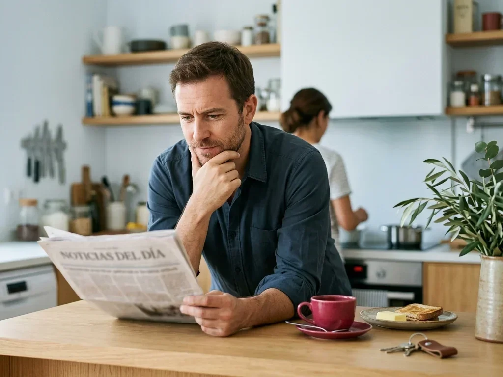 Hombre apoyado en la isla de la cocina leyendo el periódico con expresión intrigada, junto a una taza de café y unas tostadas.
