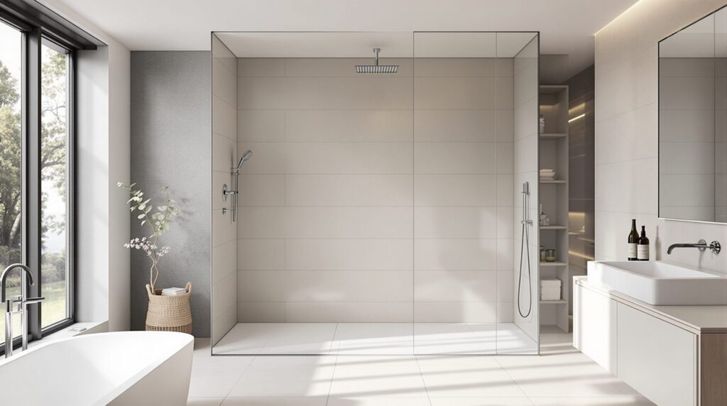 baños con muro en la ducha