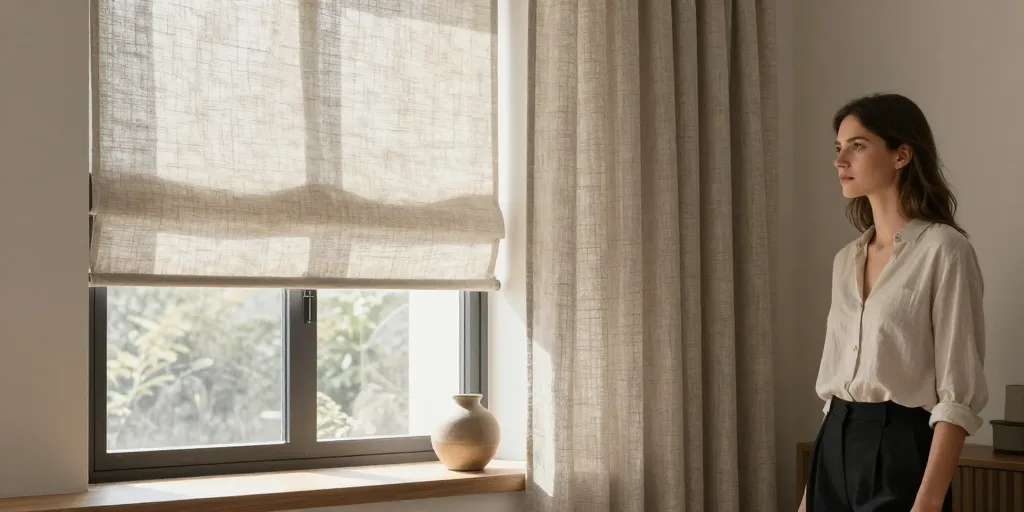 ventana con estor y cortina